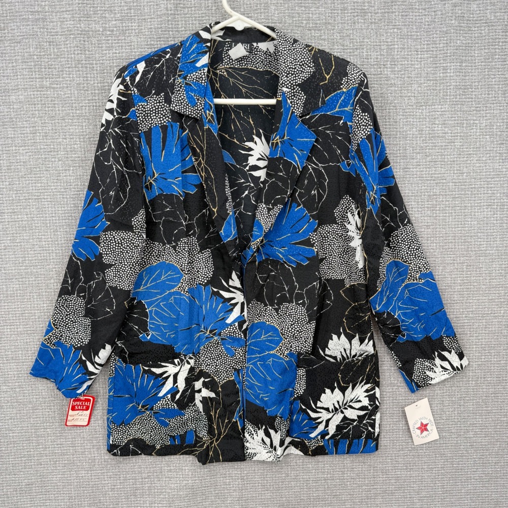Vtg Lori of California Floral Blazer Women 12 Blue Black Tropical Open Front